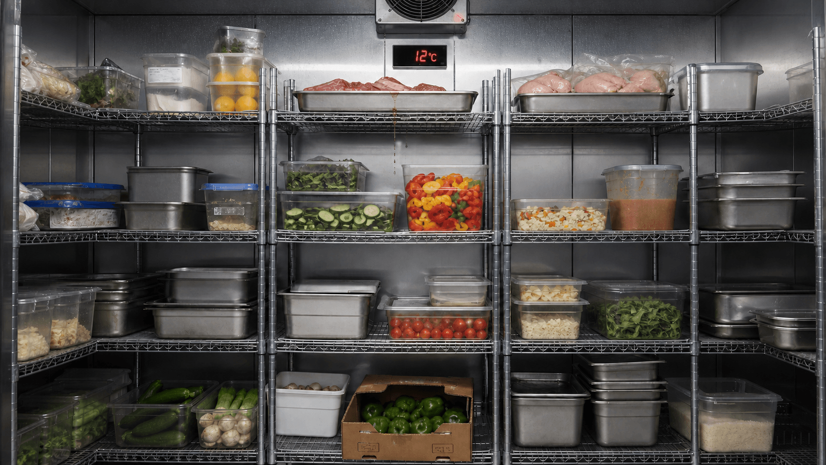 Chiller room showing raw meat stored above ready-to-eat food